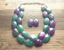 Load image into Gallery viewer, Green & Pink Chunky Statement Necklace, Big beaded jewelry, Double Strand Statement Necklace, pink green jewelry set earrings