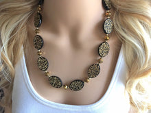 Load image into Gallery viewer, Single Strand black & Gold Statement Necklace, Bib necklace, everyday necklace, beaded necklace, bridesmaid necklace, gold necklace