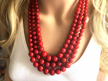 Load image into Gallery viewer, Red Beaded statement necklace, extra chunky graduated bead red jewelry, crimson long necklace jewelry, red earrings jewelry set