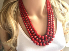 Load image into Gallery viewer, Red Beaded statement necklace, extra chunky graduated bead red jewelry, crimson long necklace jewelry, red earrings jewelry set
