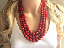 Load image into Gallery viewer, Red Beaded statement necklace, extra chunky graduated bead red jewelry, crimson long necklace jewelry, red earrings jewelry set