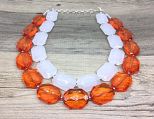 Load image into Gallery viewer, Orange & White Necklace, multi strand jewelry, big beaded chunky statement necklace, orange necklace, bridesmaid necklace, bib necklace