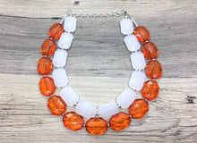 Load image into Gallery viewer, Orange & White Necklace, multi strand jewelry, big beaded chunky statement necklace, orange necklace, bridesmaid necklace, bib necklace