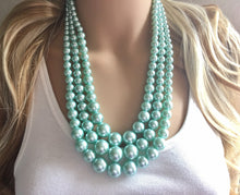 Load image into Gallery viewer, Three Strand robins egg chunky statement necklace & earrings, big bead jewelry gifts for women, bib jewelry pearl necklace, beaded jewelry