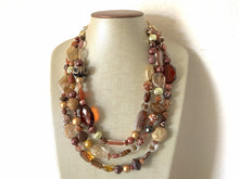Load image into Gallery viewer, Chocolate Brown & gold Chunky Statement Necklace, brown beaded necklace, Vintage brown beaded jewelry gold nugget metallic jewel