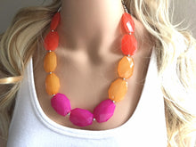 Load image into Gallery viewer, Sunset Orange Dark Pink Single Strand Big Beaded Statement Necklace, summer Jewelry set, pink earrings, pink beaded necklace, bridesmaid