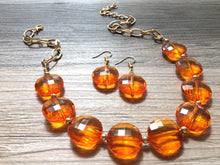 Load image into Gallery viewer, Fall wedding Orange Statement Necklace & Earrings, orange jewelry, Your Choice GOLD or SILVER, orange bib chunky necklace, orange circle