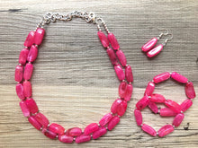 Load image into Gallery viewer, Pink Statement Jewelry Set, big Beaded Chunky necklace bracelet earrings, Double Strand wedding everyday multi strand bridesmaid