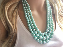 Load image into Gallery viewer, Three Strand robins egg chunky statement necklace & earrings, big bead jewelry gifts for women, bib jewelry pearl necklace, beaded jewelry