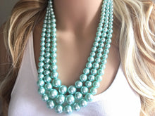 Load image into Gallery viewer, Three Strand robins egg chunky statement necklace & earrings, big bead jewelry gifts for women, bib jewelry pearl necklace, beaded jewelry