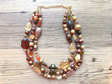 Load image into Gallery viewer, Chocolate Brown & gold Chunky Statement Necklace, brown beaded necklace, Vintage brown beaded jewelry gold nugget metallic jewel