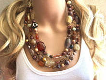 Load image into Gallery viewer, Chocolate Brown & gold Chunky Statement Necklace, brown beaded necklace, Vintage brown beaded jewelry gold nugget metallic jewel
