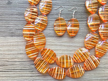 Load image into Gallery viewer, Orange White Statement Jewelry Set, big Beaded Chunky necklace bracelet earrings, multi Strand wedding, orange bridesmaid necklace