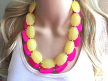 Load image into Gallery viewer, Pink Lemonade Necklace, multi strand colorful jewelry, big beaded chunky statement necklace, hot pink necklace, yellow magenta jewelry