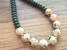 Load image into Gallery viewer, Turquoise Stone Beaded statement necklace, painted bead jewelry, turquoise teal geometric white black round