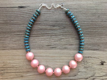 Load image into Gallery viewer, Turquoise Stone Beaded & Blush Pink statement necklace, painted bead jewelry, turquoise teal geometric pearl round