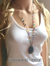 Load image into Gallery viewer, Black Pendant Necklace in Rainbow glass beaded chain, Long acrylic teardrop jewelry, ash white necklace, jewelry pride colorful