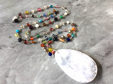 Load image into Gallery viewer, White Pendant Necklace in Rainbow glass beaded chain, Long acrylic teardrop jewelry, ash white necklace, white jewelry pride colorful