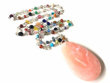Load image into Gallery viewer, Peach Pendant Necklace in Rainbow glass beaded chain, Long acrylic teardrop jewelry, ash white necklace, pink jewelry pride colorful