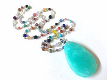 Load image into Gallery viewer, Mint Pendant Necklace in Rainbow glass beaded chain, Long acrylic teardrop jewelry, ash white necklace, green jewelry pride colorful