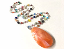 Load image into Gallery viewer, Creamsicle Pendant Necklace in Rainbow glass beaded chain, Long acrylic teardrop jewelry, ash white necklace, orange jewelry pride colorful