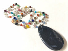 Load image into Gallery viewer, Black Pendant Necklace in Rainbow glass beaded chain, Long acrylic teardrop jewelry, ash white necklace, jewelry pride colorful