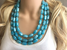 Load image into Gallery viewer, Glacier blue triple strand chunky jewelry, beaded blue jewelry, dark blue thick necklace, teal turquoise necklace, blue bib necklace