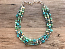 Load image into Gallery viewer, Turquoise & Winter Mint triple strand statement necklace, green beaded chunky jewelry set silver lime green
