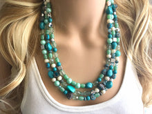 Load image into Gallery viewer, Turquoise & Winter Mint triple strand statement necklace, green beaded chunky jewelry set silver lime green