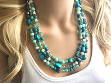 Load image into Gallery viewer, Turquoise & Winter Mint triple strand statement necklace, green beaded chunky jewelry set silver lime green