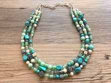 Load image into Gallery viewer, Turquoise & Winter Mint triple strand statement necklace, green beaded chunky jewelry set silver lime green