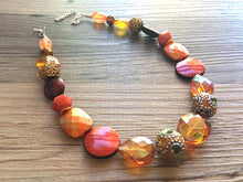 Load image into Gallery viewer, Orange & metallic Necklace, single strand jewelry, big beaded chunky statement necklace, bridesmaid necklace olive green orange