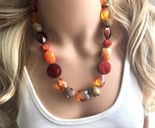Load image into Gallery viewer, Orange & metallic Necklace, single strand jewelry, big beaded chunky statement necklace, bridesmaid necklace olive green orange