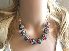Load image into Gallery viewer, Christmas Emerald green Statement Necklace & Earrings, Christmas jewelry, Your Choice GOLD or SILVER, green bib chunky necklace forest