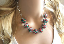 Load image into Gallery viewer, Christmas Emerald green Statement Necklace & Earrings, Christmas jewelry, Your Choice GOLD or SILVER, green bib chunky necklace forest
