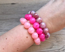 Load image into Gallery viewer, Purple & Blush Pink 3 stretch bracelets, beaded jewelry, bead stretchy bracelet, rainbow friendship arm candy stacking hot dark pink
