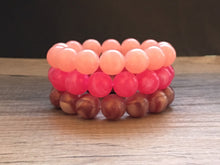Load image into Gallery viewer, Purple & Blush Pink 3 stretch bracelets, beaded jewelry, bead stretchy bracelet, rainbow friendship arm candy stacking hot dark pink