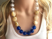 Load image into Gallery viewer, Tan White Royal Blue neutral beaded statement necklace, single strand necklace jewelry, big bead jewelry, colorful block bubblegum necklace