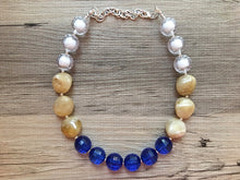 Load image into Gallery viewer, Tan White Royal Blue neutral beaded statement necklace, single strand necklace jewelry, big bead jewelry, colorful block bubblegum necklace