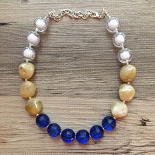 Load image into Gallery viewer, Tan White Royal Blue neutral beaded statement necklace, single strand necklace jewelry, big bead jewelry, colorful block bubblegum necklace