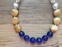 Load image into Gallery viewer, Tan White Royal Blue neutral beaded statement necklace, single strand necklace jewelry, big bead jewelry, colorful block bubblegum necklace