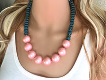 Load image into Gallery viewer, Turquoise Stone Beaded & Blush Pink statement necklace, painted bead jewelry, turquoise teal geometric pearl round