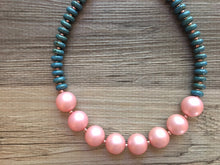 Load image into Gallery viewer, Turquoise Stone Beaded & Blush Pink statement necklace, painted bead jewelry, turquoise teal geometric pearl round