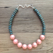 Load image into Gallery viewer, Turquoise Stone Beaded & Blush Pink statement necklace, painted bead jewelry, turquoise teal geometric pearl round