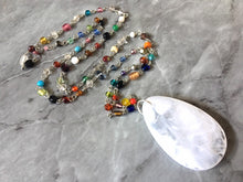 Load image into Gallery viewer, White Pendant Necklace in Rainbow glass beaded chain, Long acrylic teardrop jewelry, ash white necklace, white jewelry pride colorful