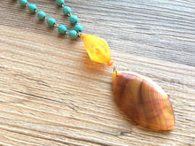 Load image into Gallery viewer, Earthy olive & orange pink AGATE Pendant Chunky Statement Necklace jewlery, Beaded turquoise statement oval pendant chunky bib blue