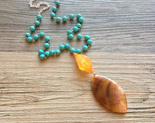Load image into Gallery viewer, Earthy olive & orange pink AGATE Pendant Chunky Statement Necklace jewlery, Beaded turquoise statement oval pendant chunky bib blue
