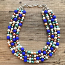 Load image into Gallery viewer, LAST ONE! Ocean Waves & Beach Blues statement Necklace, Champagne white royal blue teal turquoise beaded chunky bib wedding