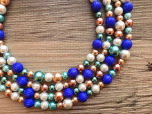 Load image into Gallery viewer, LAST ONE! Ocean Waves & Beach Blues statement Necklace, Champagne white royal blue teal turquoise beaded chunky bib wedding