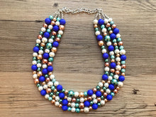 Load image into Gallery viewer, LAST ONE! Ocean Waves & Beach Blues statement Necklace, Champagne white royal blue teal turquoise beaded chunky bib wedding